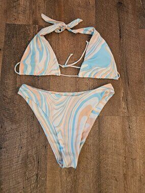 Aurelle Pastel Marble Swirl Triangle Bikini Set Women's Small